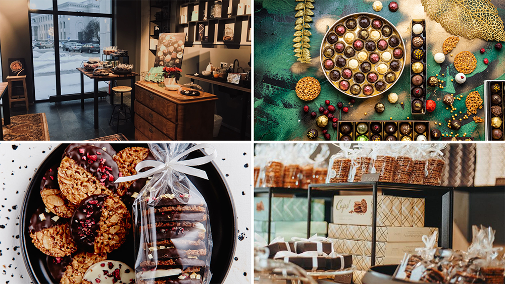 Šokolādes veikals Jaunajā Teikā, Caps. Chocolate shop.