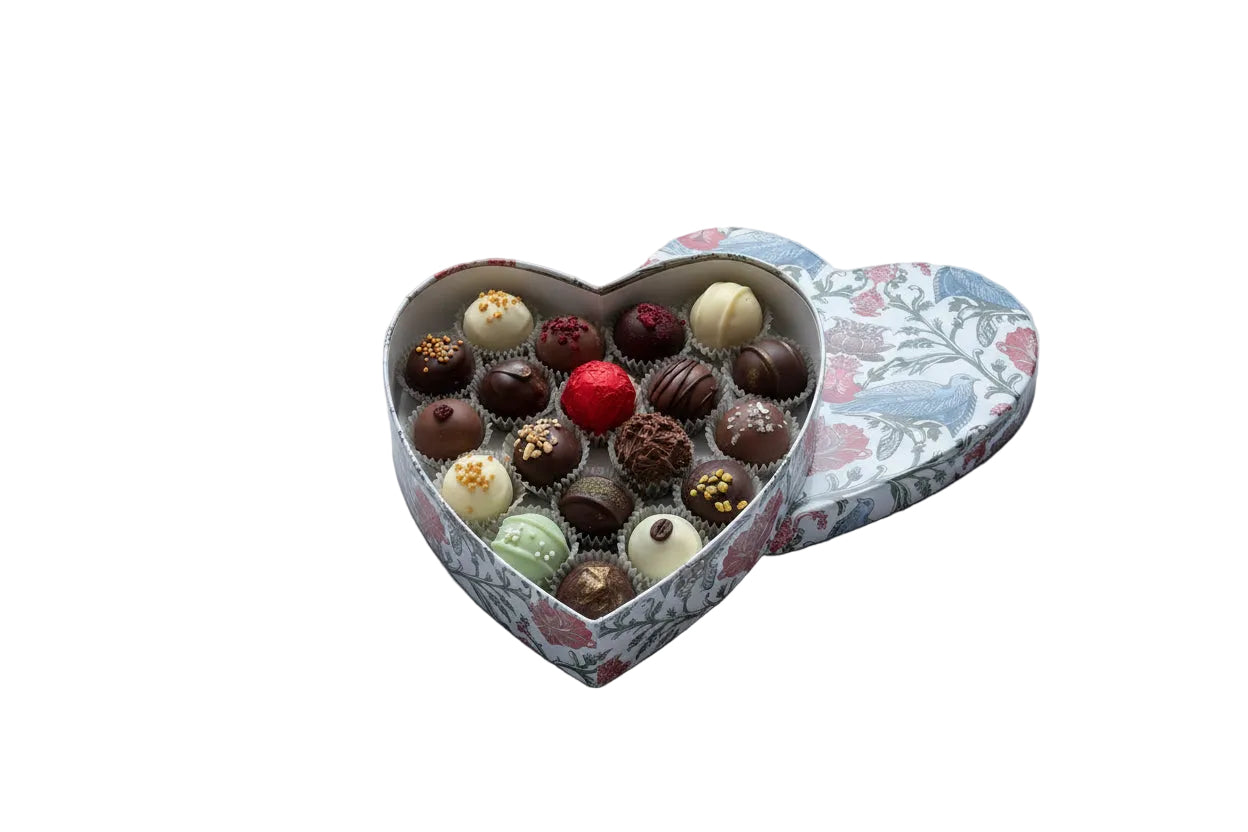 Heart-shaped box of 19 pcs assorted chocolates in a a rigid cardboard box